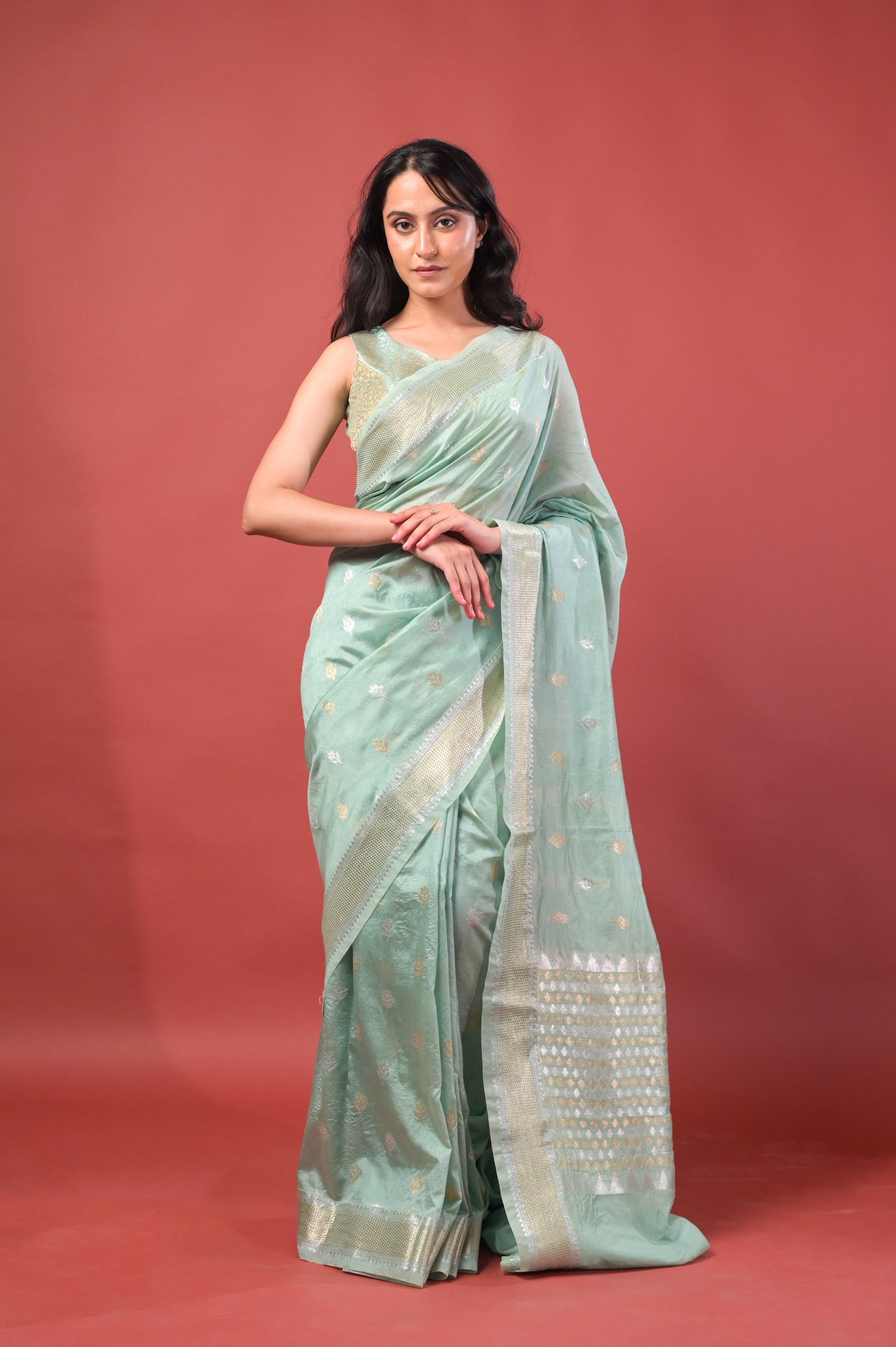 Mint Green Handwoven Banarasi Saree with Silver Zari Buta and Border